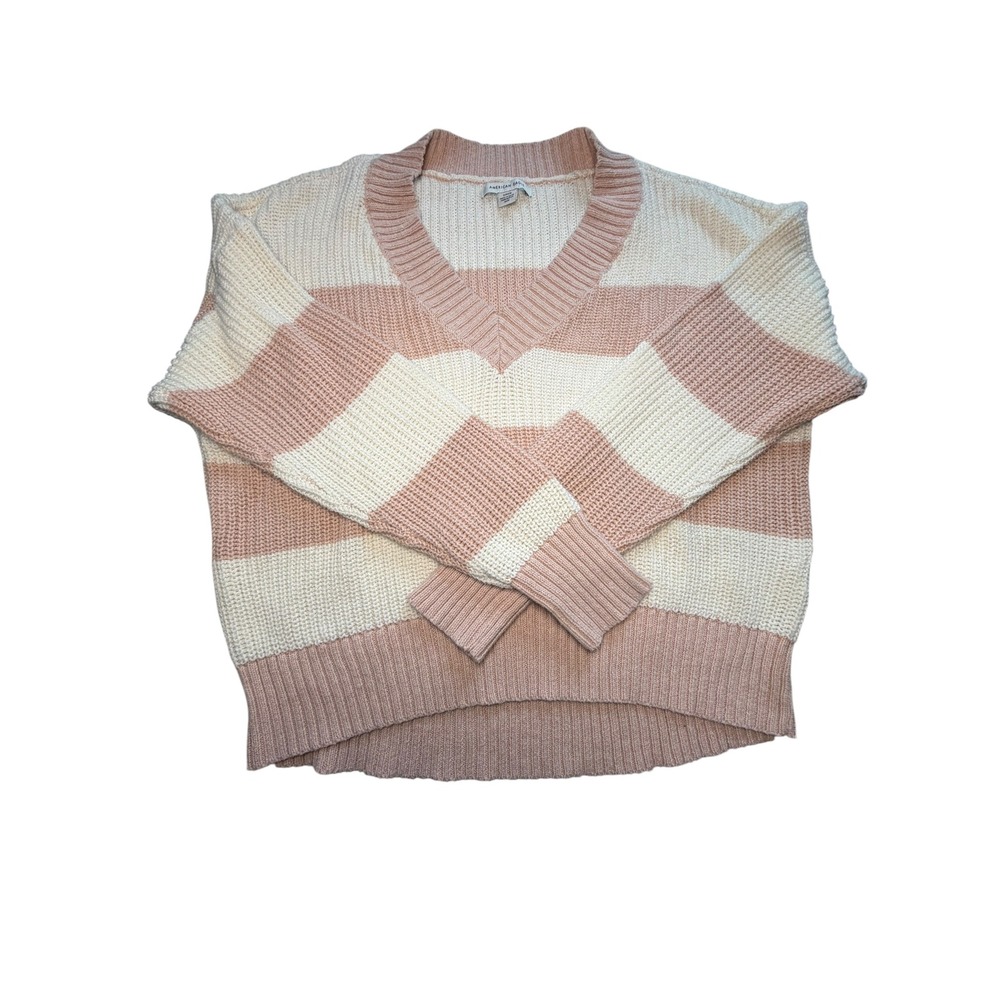 American Eagle Outfitters Pink and Cream Striped V-Neck Sweater